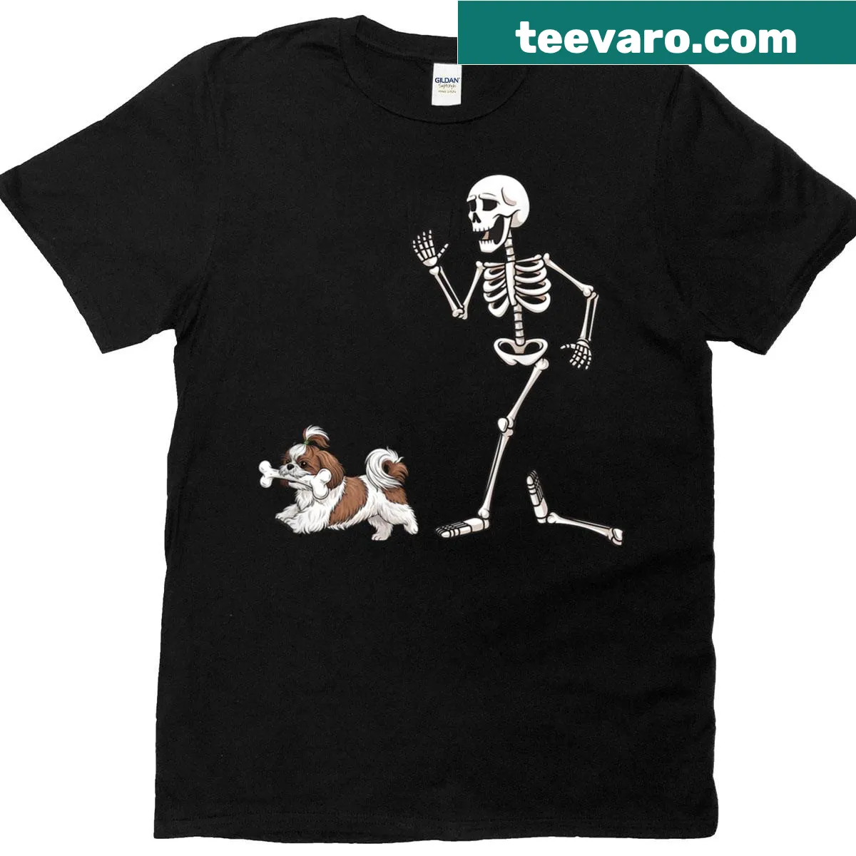 Cartoon graphic t-shirt featuring a Shih Tzu and skeleton for Halloween — on a men's t-shirt