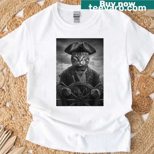 Cartoon pirate cat with hat and eye patch on a humorous T-shirt