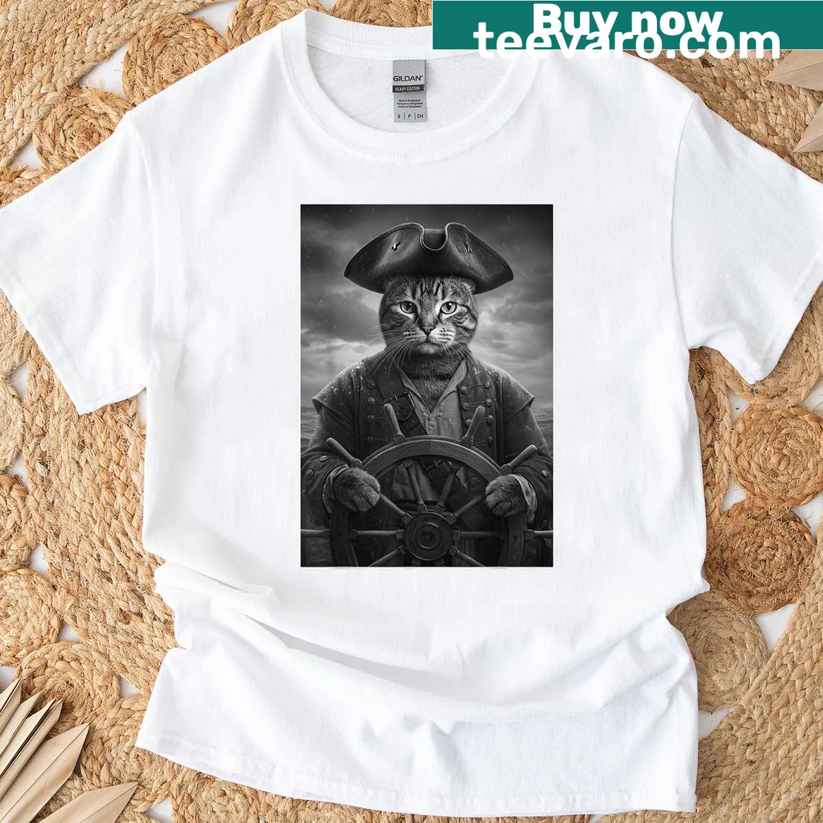 Cartoon pirate cat with hat and eye patch on a humorous T-shirt — on a men's t-shirt