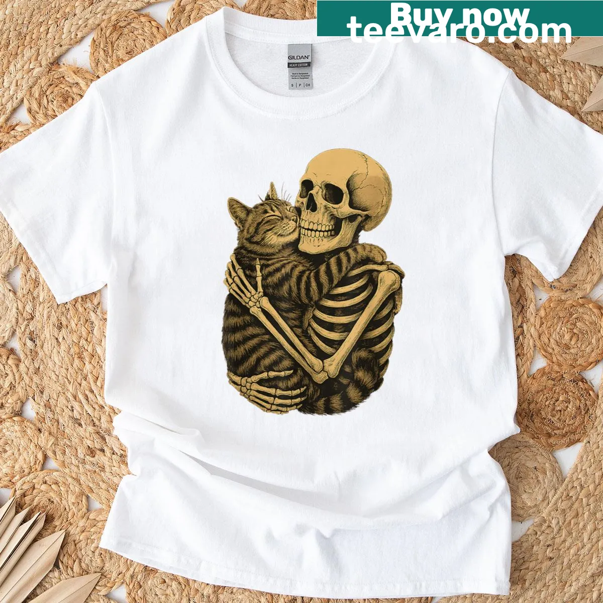 Funny Halloween T-shirt featuring a skeleton hugging a cat — on a men's t-shirt