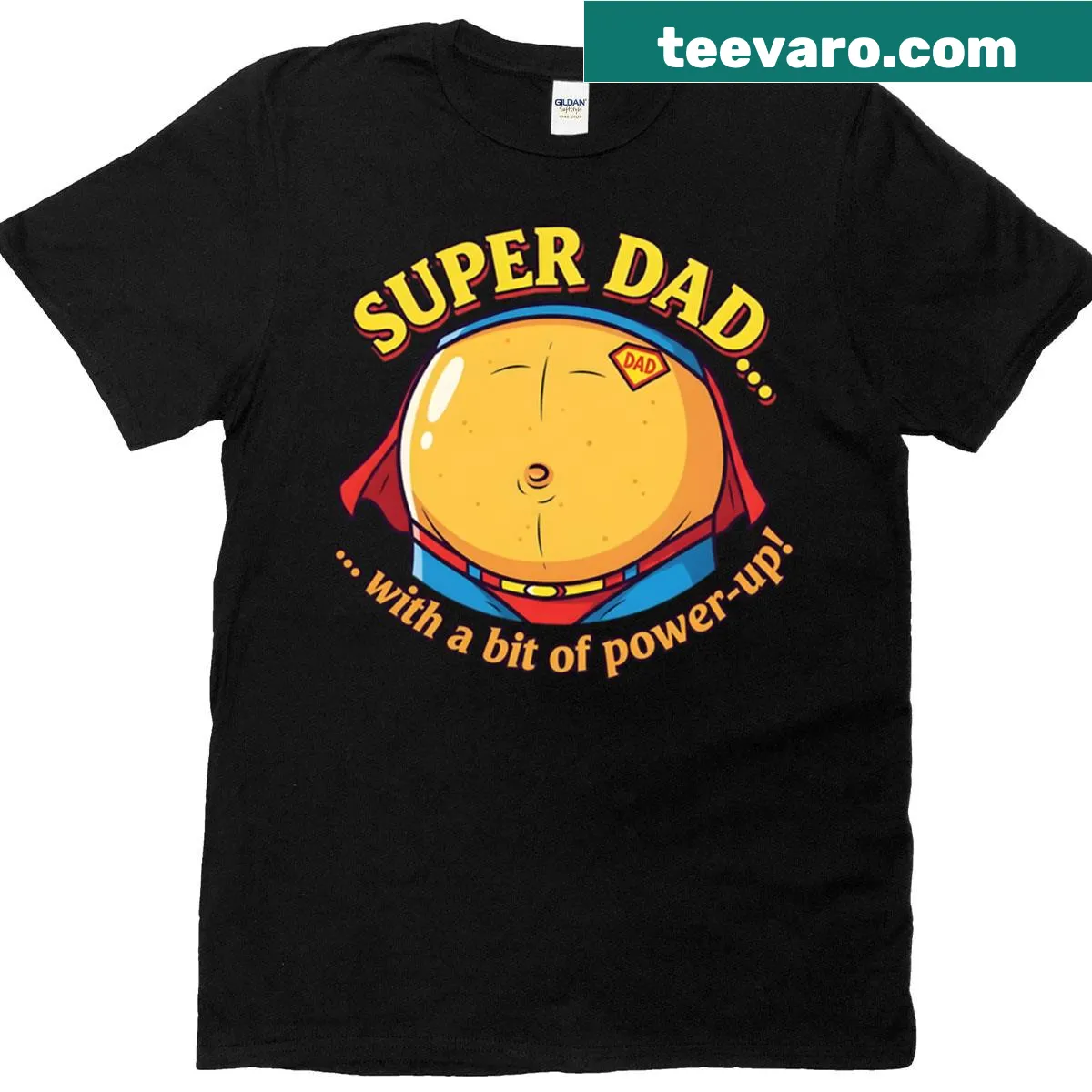 Illustrated Super Dad t-shirt featuring a playful design and text. — on a men's t-shirt