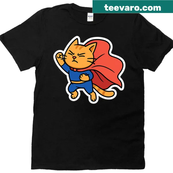 Cute orange cartoon superhero cat with oversized cape graphic
