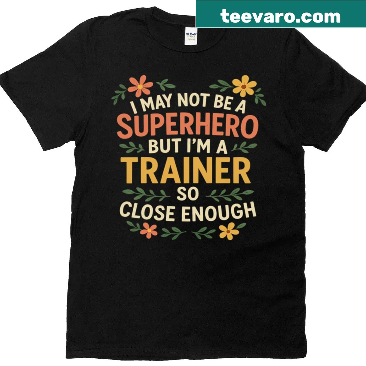 Humorous trainer shirt with fun superhero theme — on a men's t-shirt