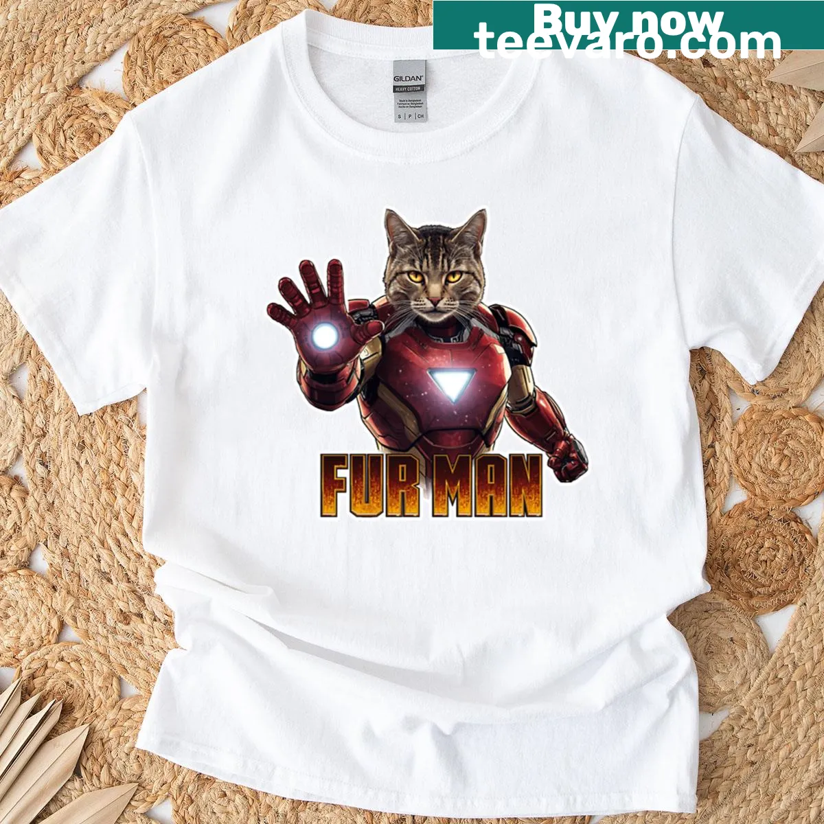 Realistic cat design inspired by Iron Man on a T-shirt — on a men's t-shirt