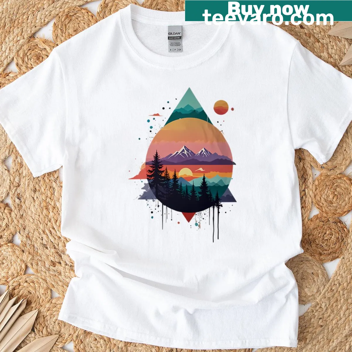 Geometric mountain landscape and sunset illustration on oversized t-shirt — on a men's t-shirt