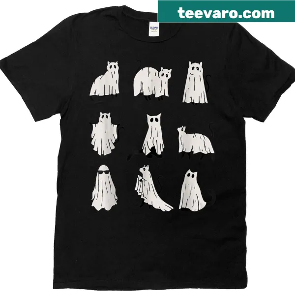 Halloween t-shirt with a cute cartoon ghost cat design.