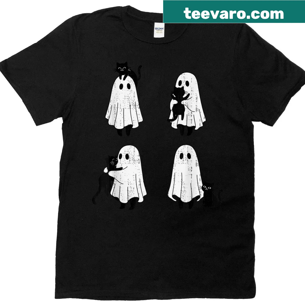 Adorable Halloween T-shirt featuring a ghost holding a cat illustration — on a men's t-shirt