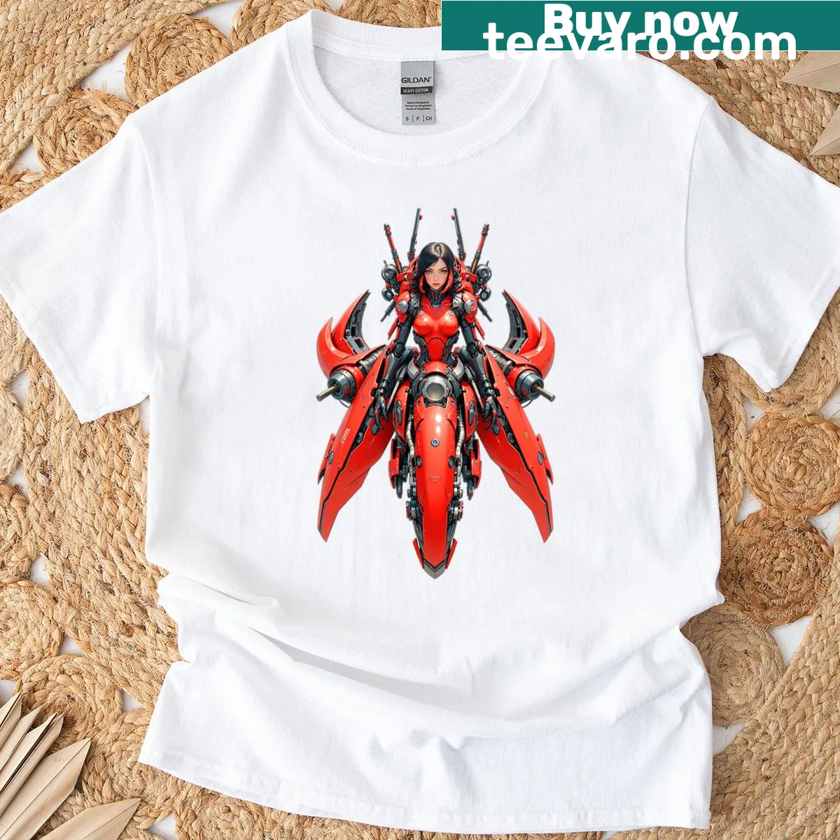 Illustration of a girl with a red mecha machine on a T-shirt — on a men's t-shirt