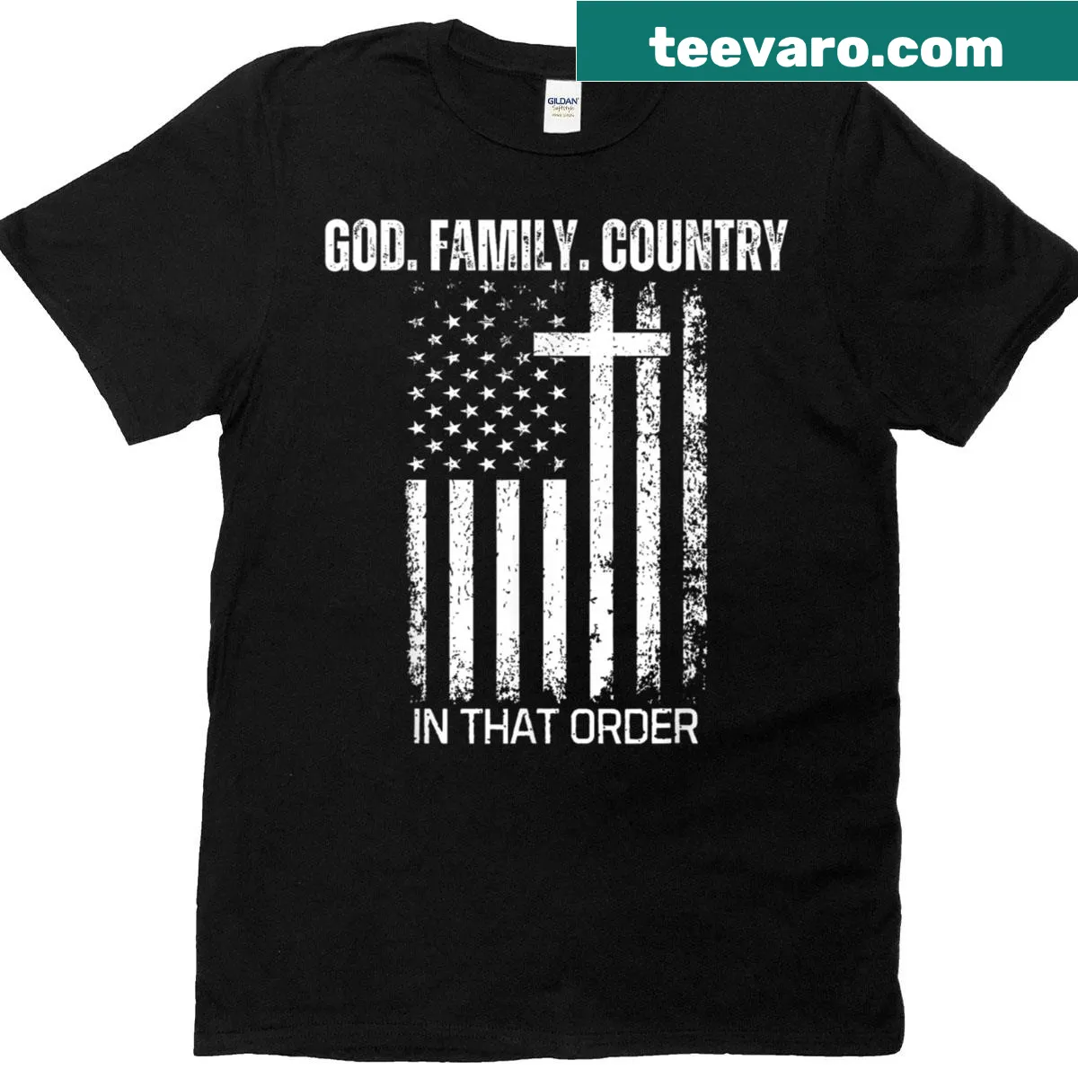 Patriotic t-shirt with 'God Family Country' text and US flag — on a men's t-shirt