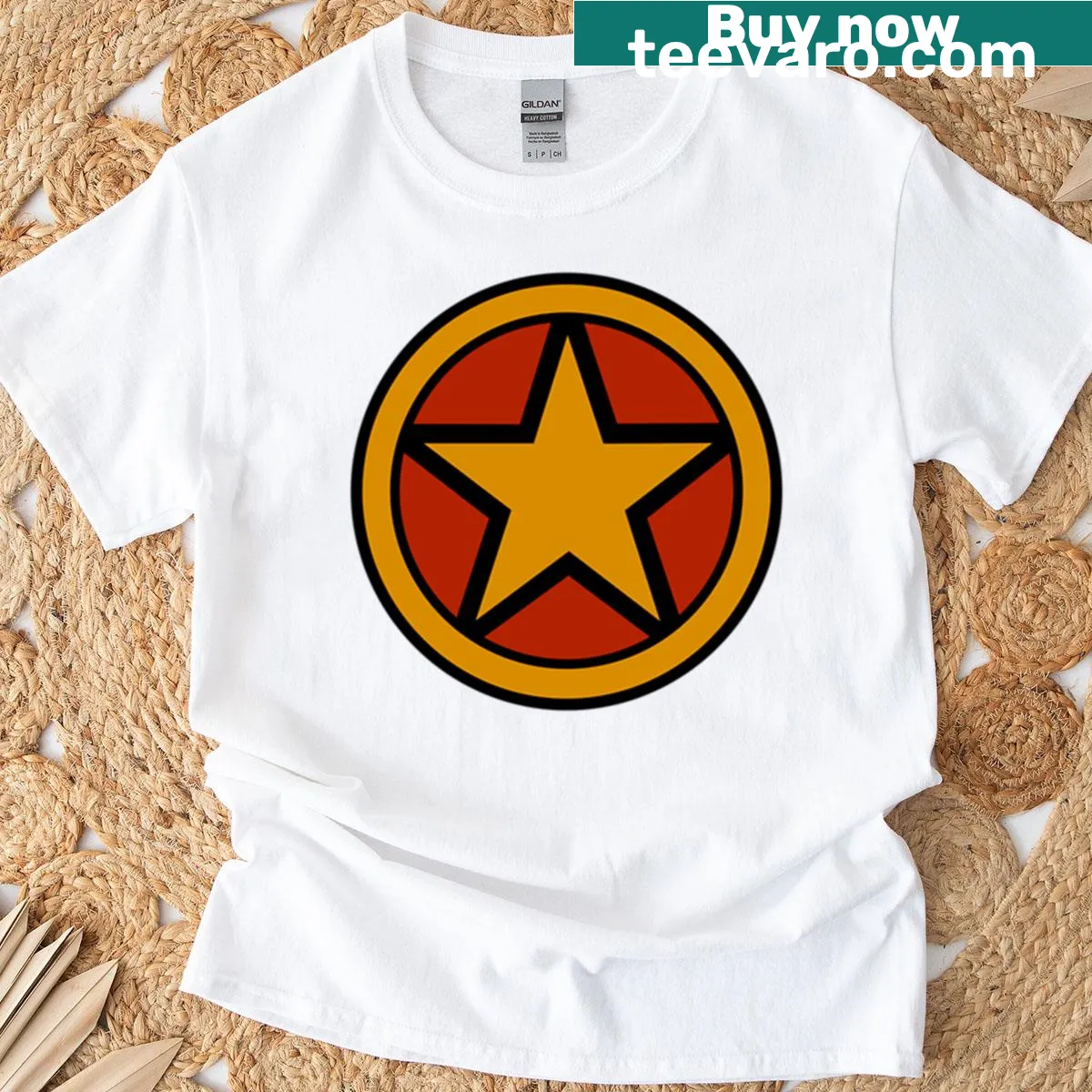 American Crusader emblem t-shirt from the Golden Age superhero series — on a men's t-shirt