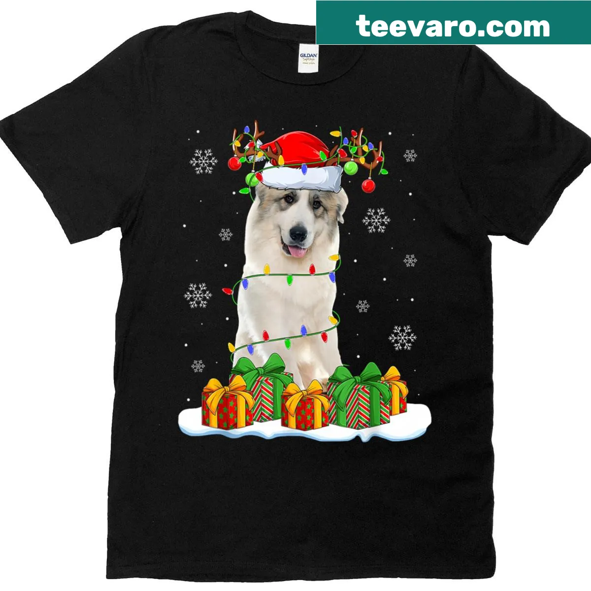 Christmas T-shirt featuring a Great Pyrenees dog with festive lights — on a men's t-shirt