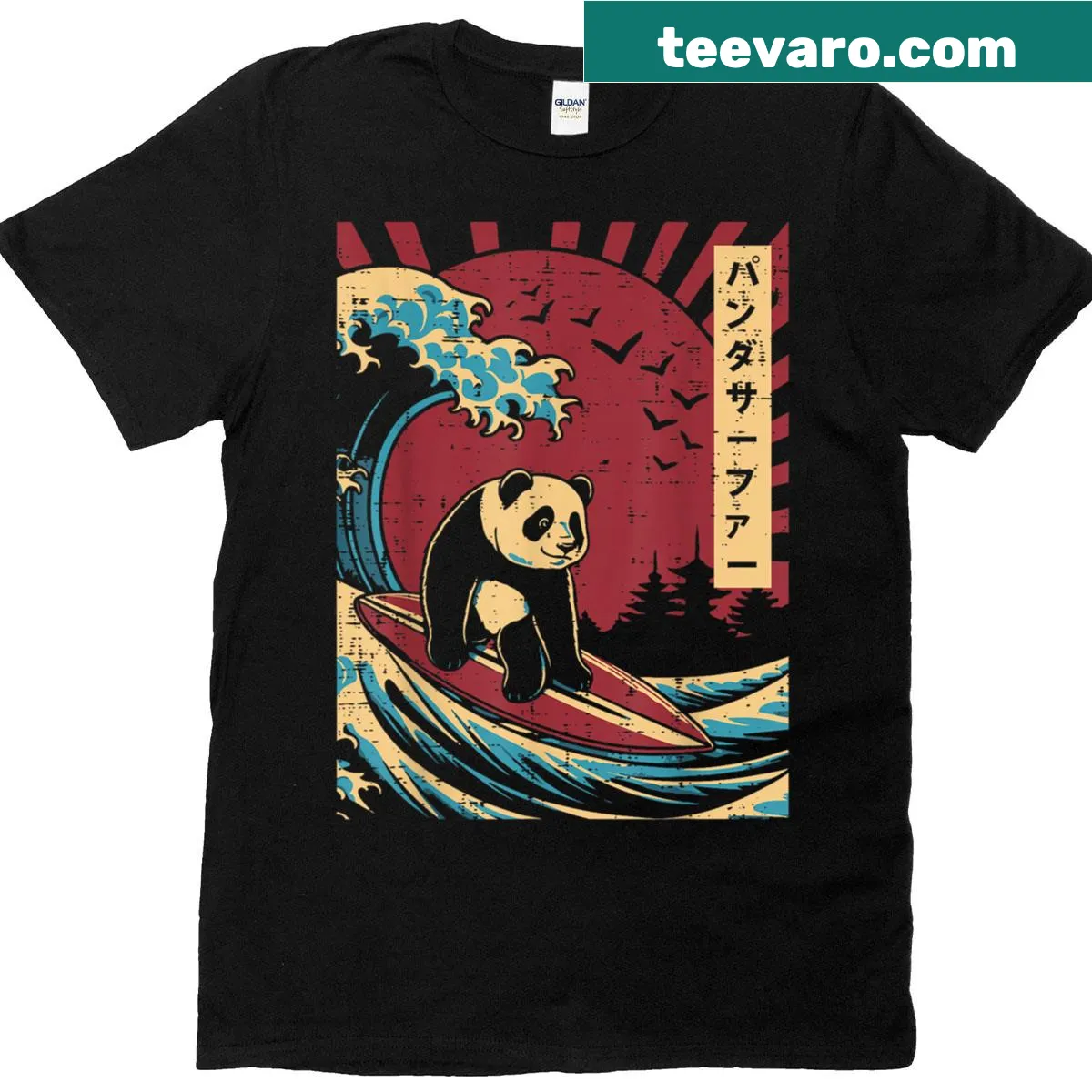 Panda surfing on a wave in a Japanese art style t-shirt design — on a men's t-shirt