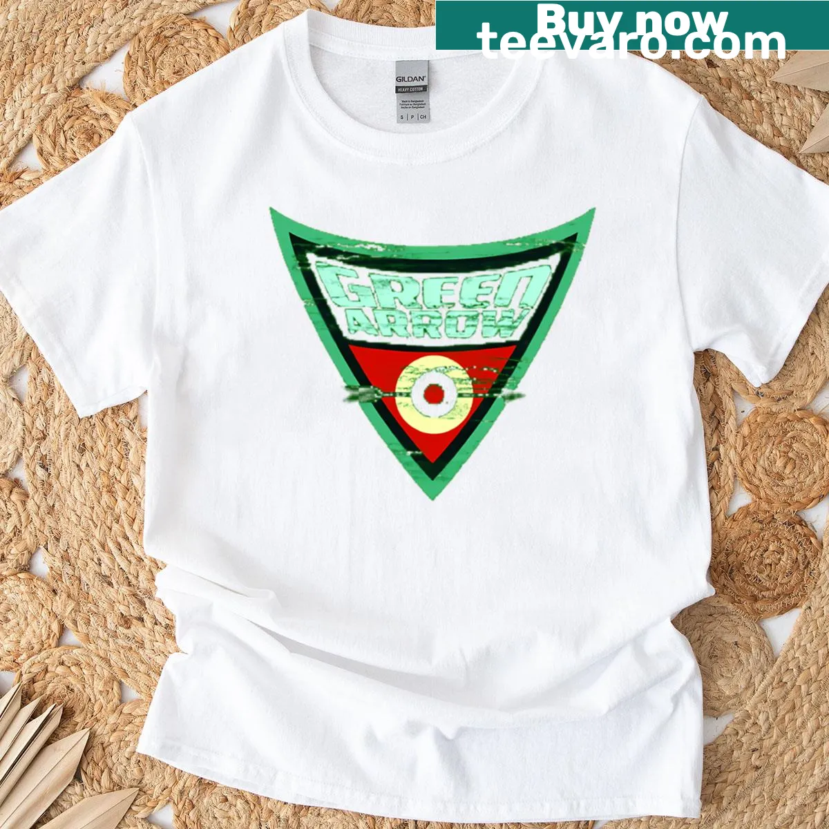 Simple Green Arrow logo T-shirt design — on a men's t-shirt