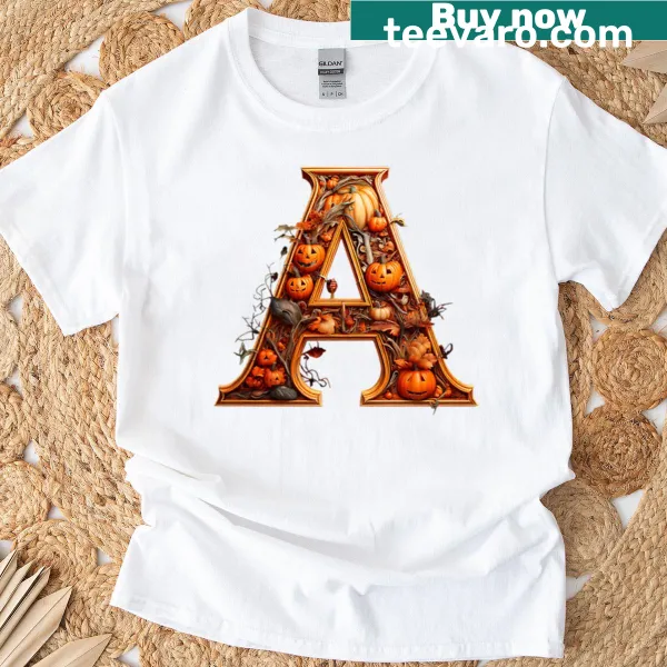 Halloween-themed T-shirt featuring the letter A in festive design