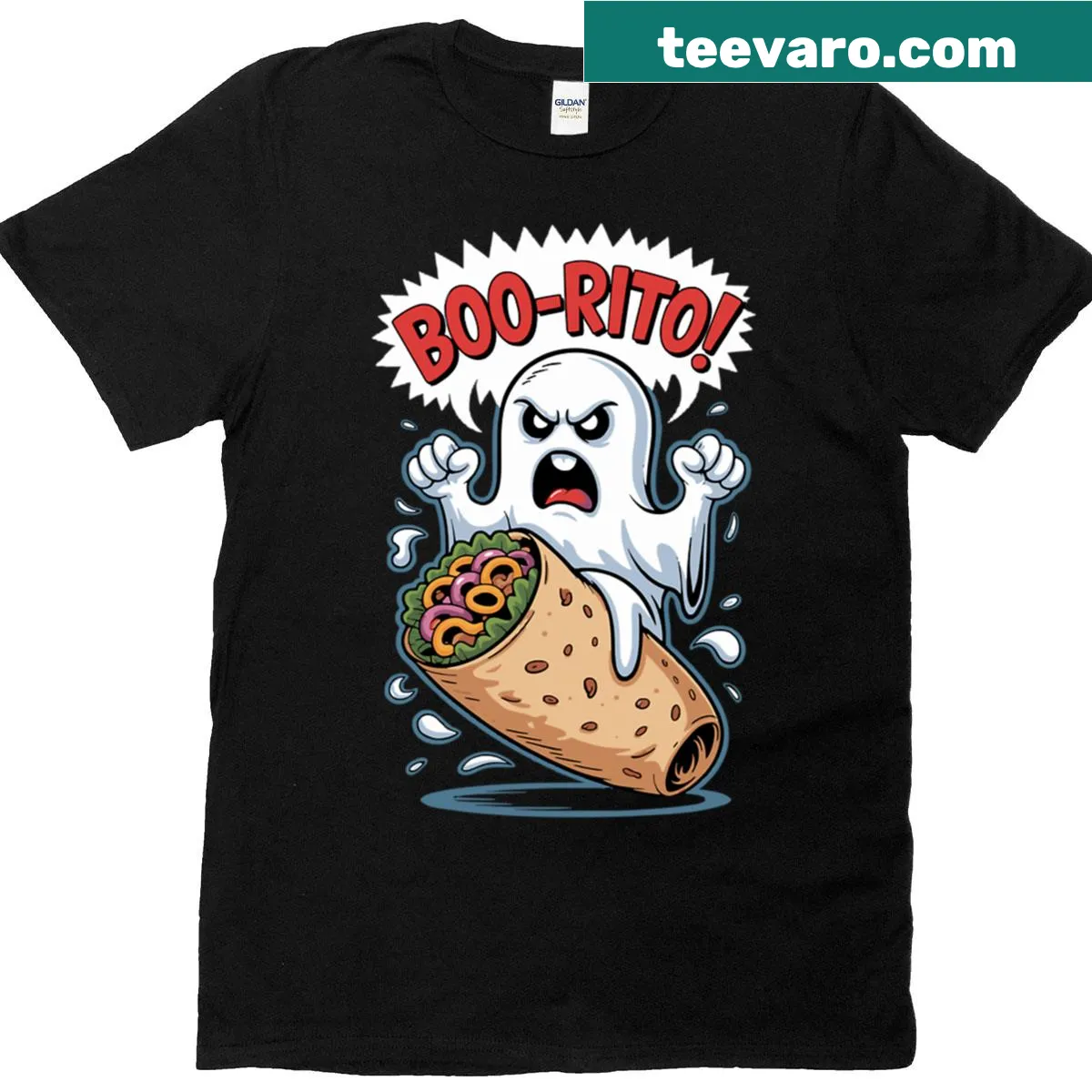 Illustrated burrito ghost graphic with disapproval text for Halloween — on a men's t-shirt