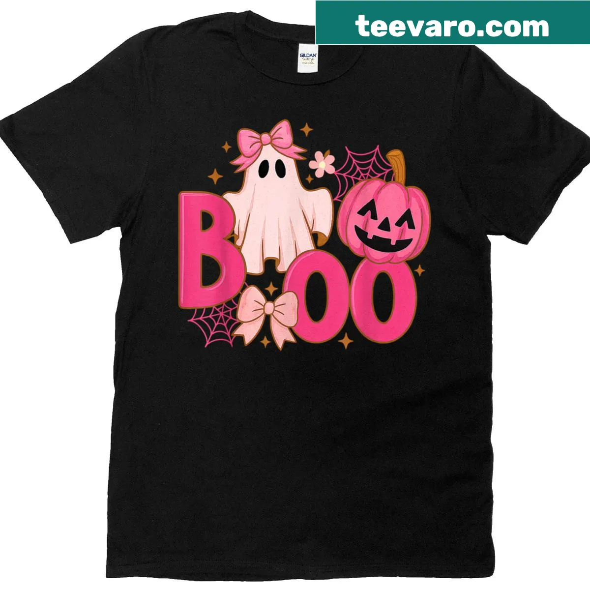 Whimsical Halloween shirt featuring a bow, pumpkin, and ghost illustration — on a men's t-shirt