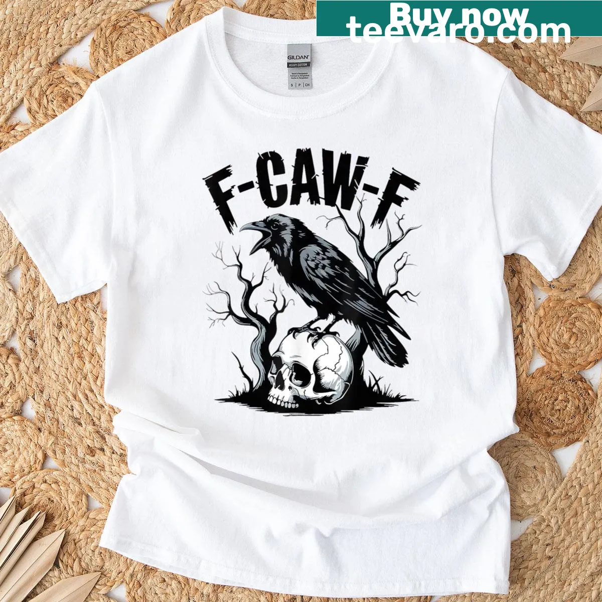 Funny Halloween shirt with 'F Caw F' black bird graphic — on a men's t-shirt