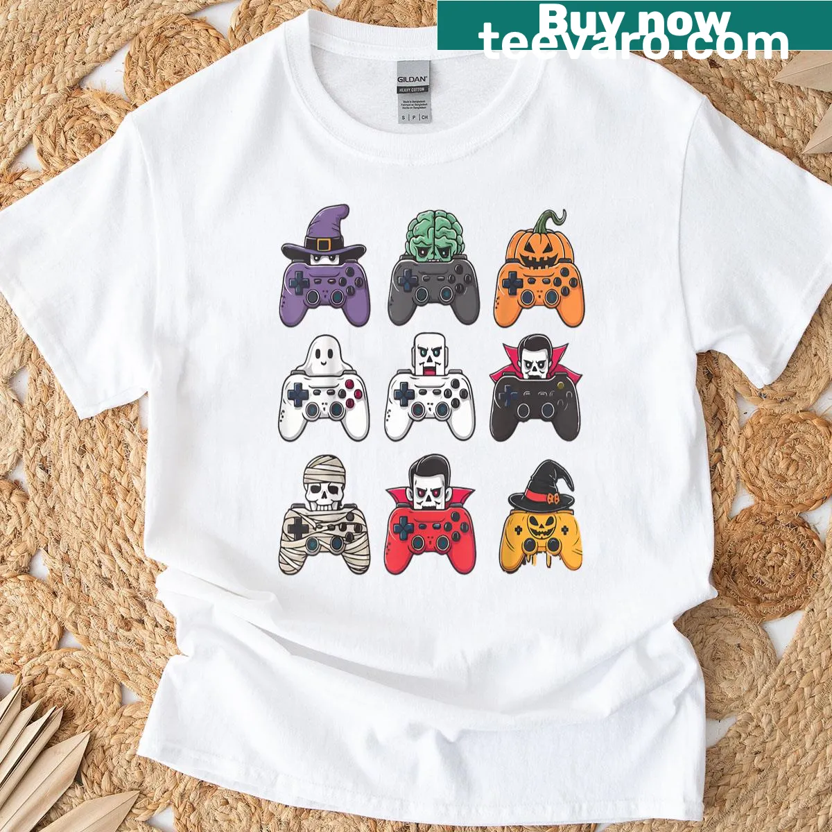Halloween-themed T-shirt featuring a spooky game controller and illustrations. — on a men's t-shirt