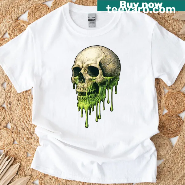 Graphic T-shirt featuring a melting skull design for Halloween