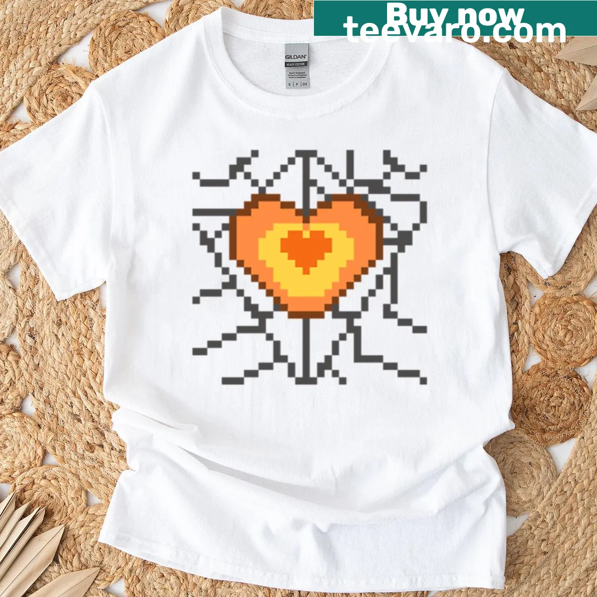 Halloween-themed T-shirt with a pixel art heart in a web design. — on a men's t-shirt
