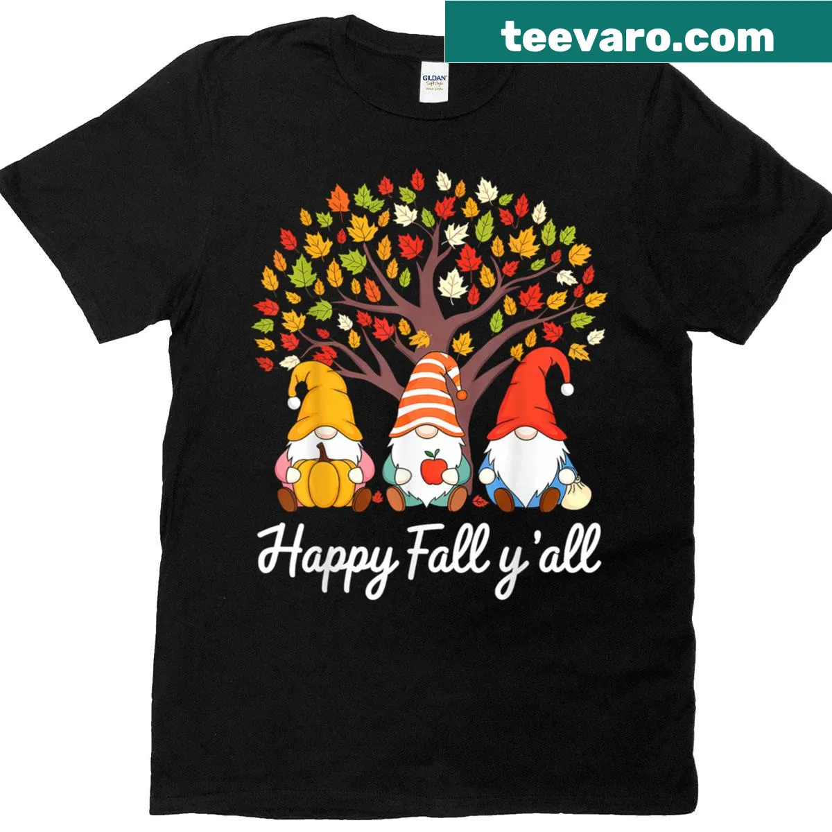 Thanksgiving T-shirt with gnome, pumpkins, and autumn leaves — on a men's t-shirt