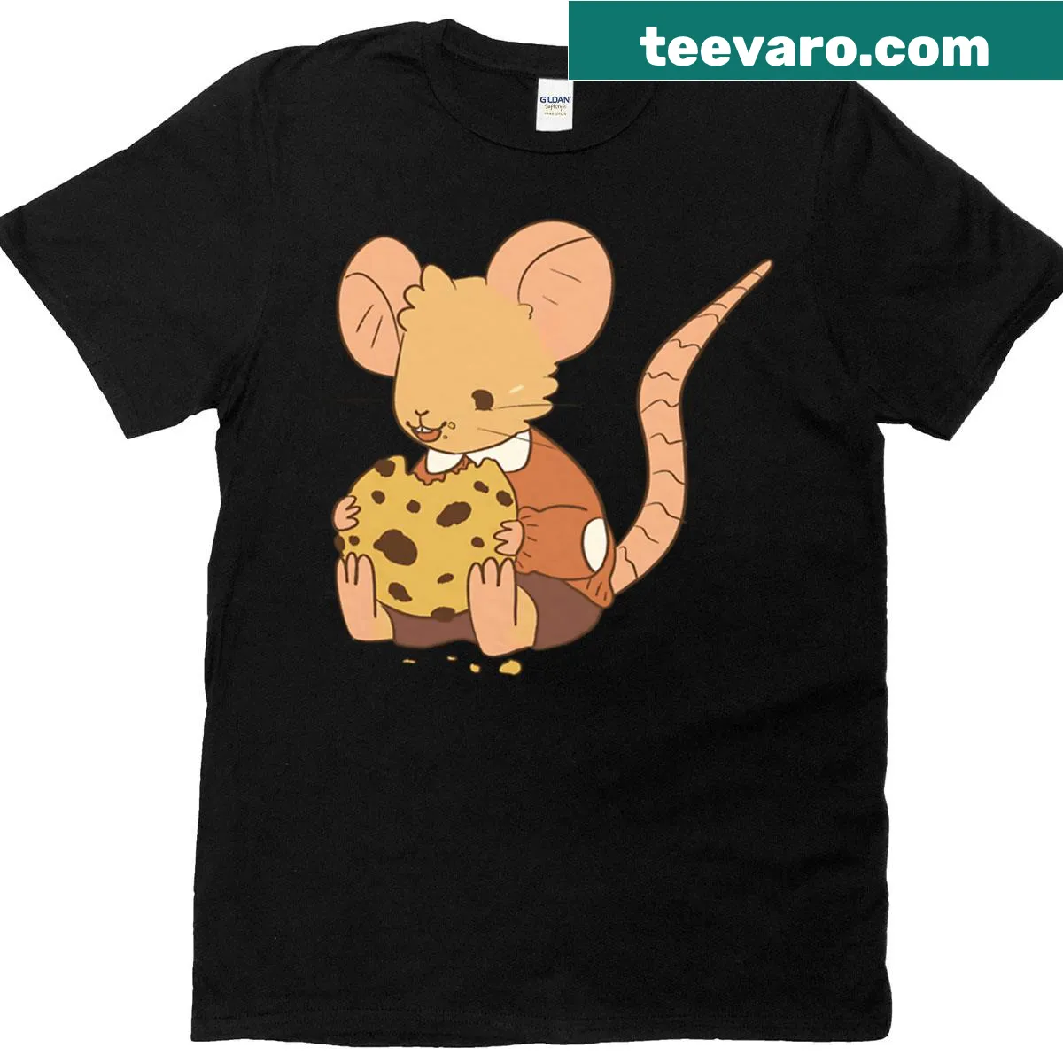Cartoon T-shirt featuring a happy mouse holding a cookie. — on a men's t-shirt