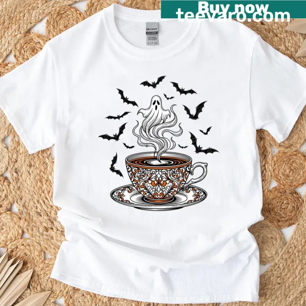 Illustration of a ghost having tea with a cute tea set on a T-shirt
