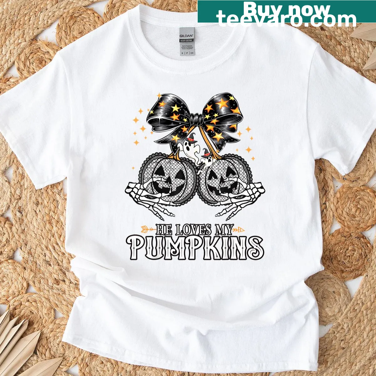 Couples Halloween T-shirt with humorous text: He Loves My Pumpkins I Like His Broomstick — on a men's t-shirt