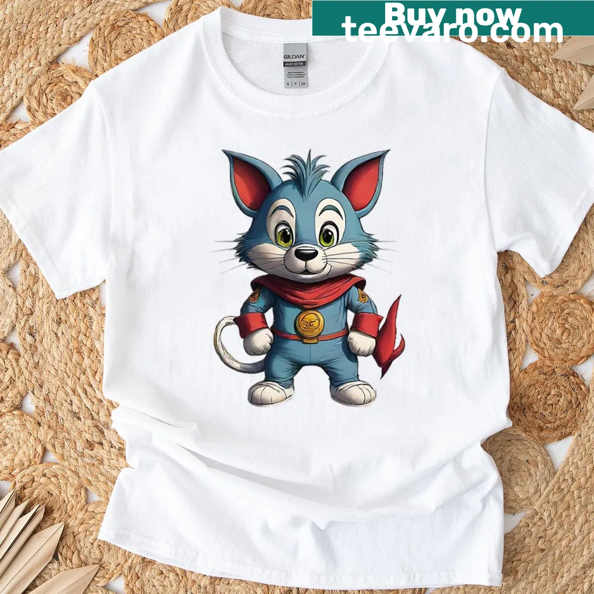 T-shirt featuring a cartoon cat in superhero costume — on a men's t-shirt