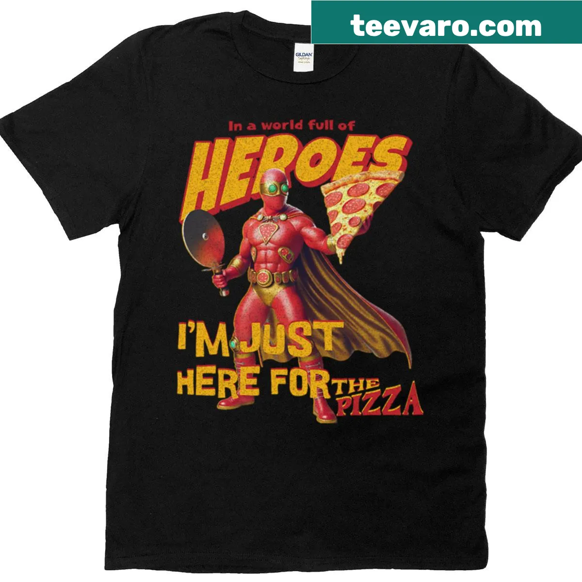 Oversized t-shirt featuring a cartoon pizza hero graphic — on a men's t-shirt
