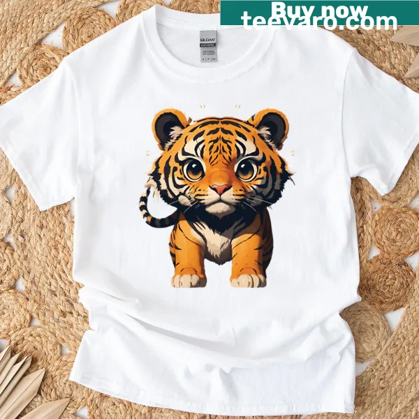 Cartoon tiger in a superhero cape on a playful T-shirt
