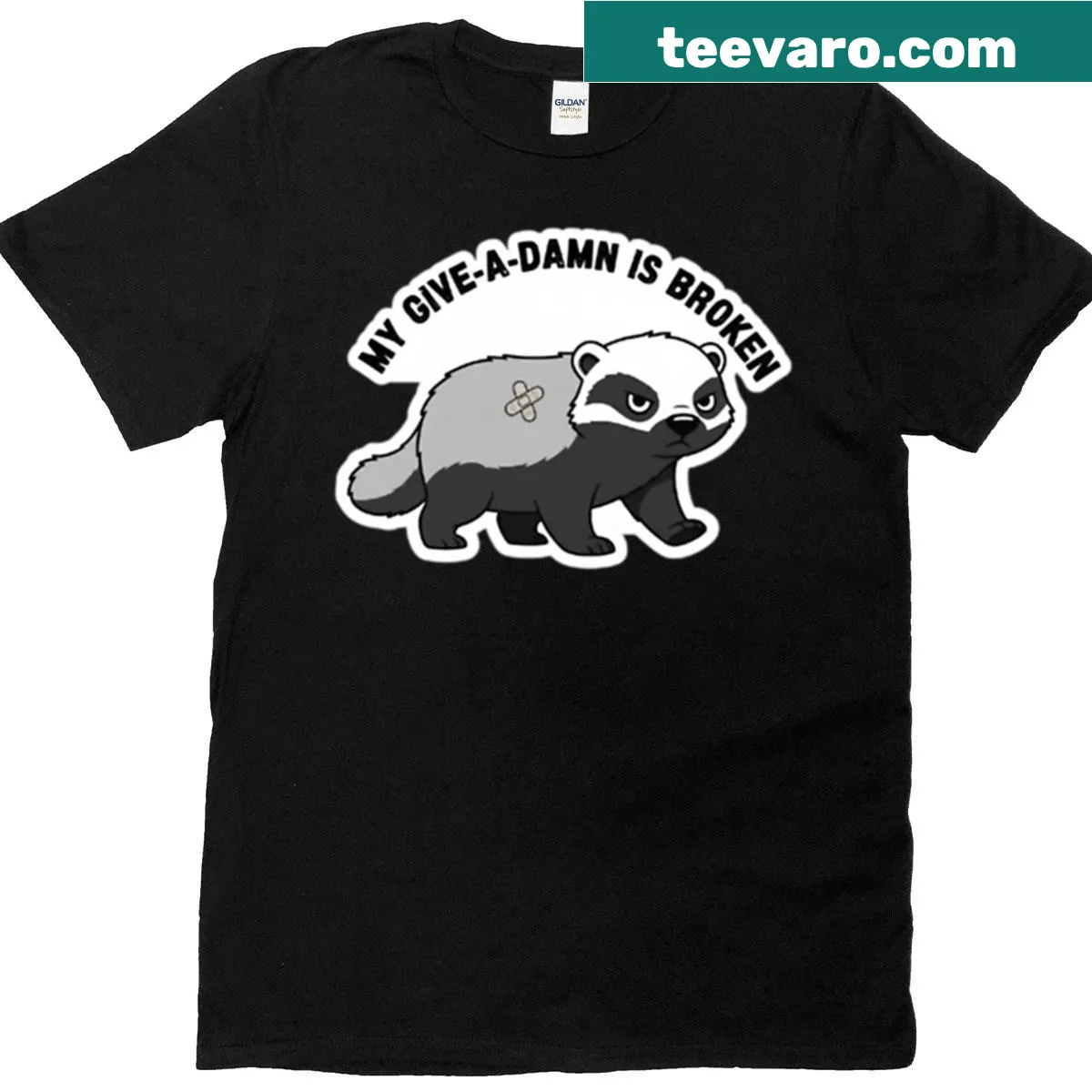 Cartoon honey badger graphic t-shirt with humorous text — on a men's t-shirt