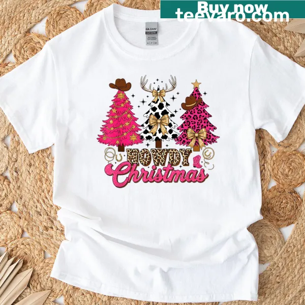Christmas-themed T-shirt featuring a leopard Christmas tree and cowboy elements.
