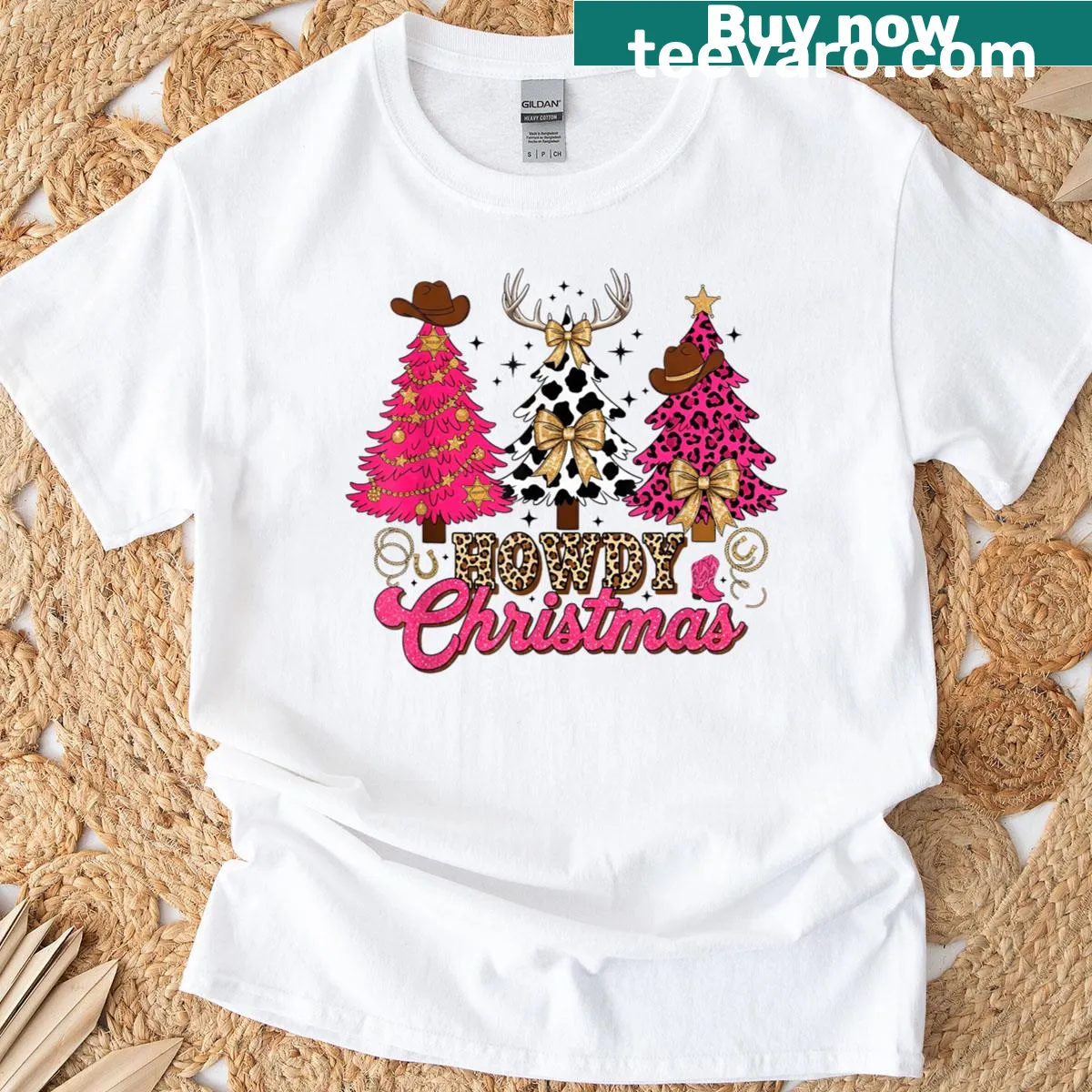 Christmas-themed T-shirt featuring a leopard Christmas tree and cowboy elements. — on a men's t-shirt