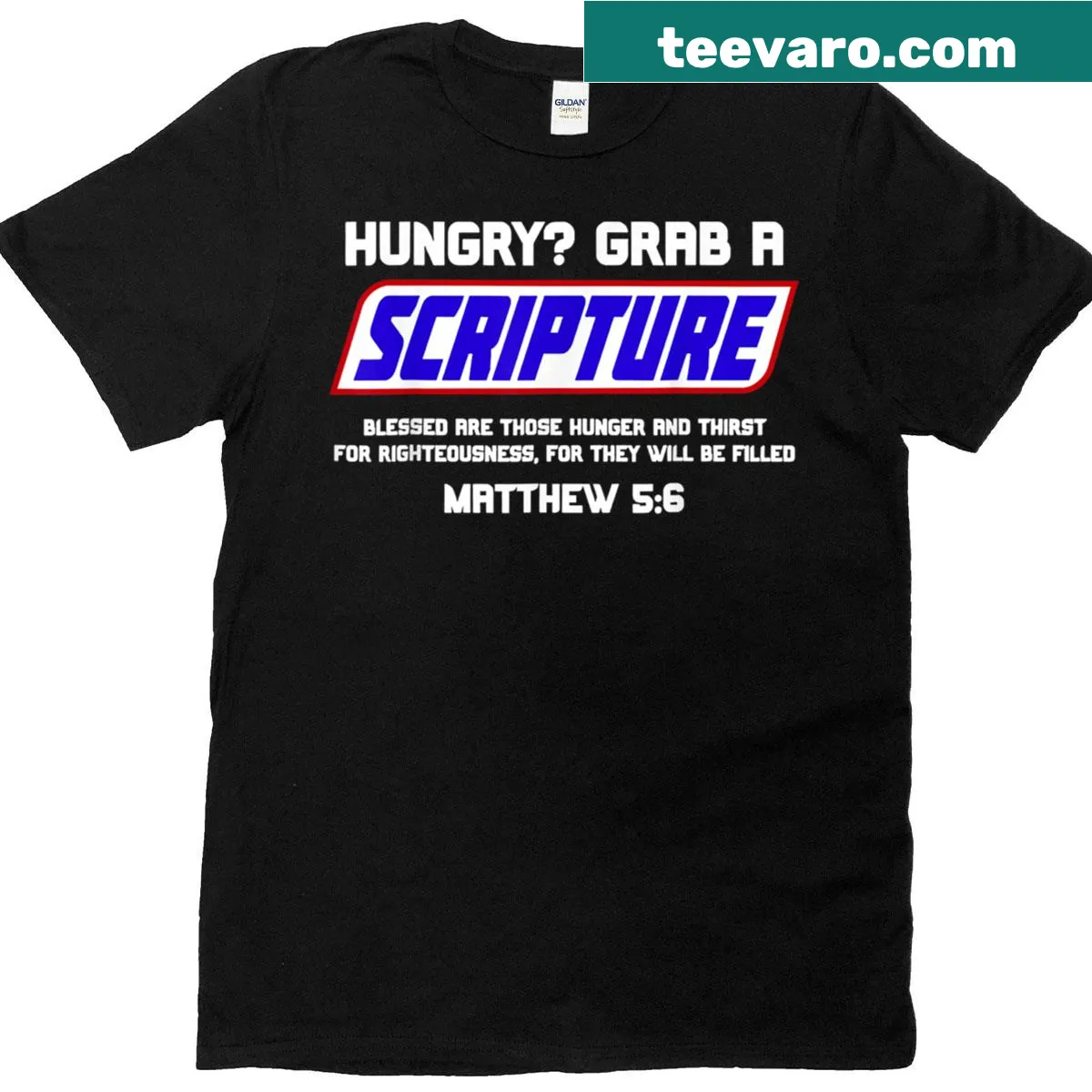 T-shirt with the phrase 'Hungry Grab A Scripture' in bold text — on a men's t-shirt