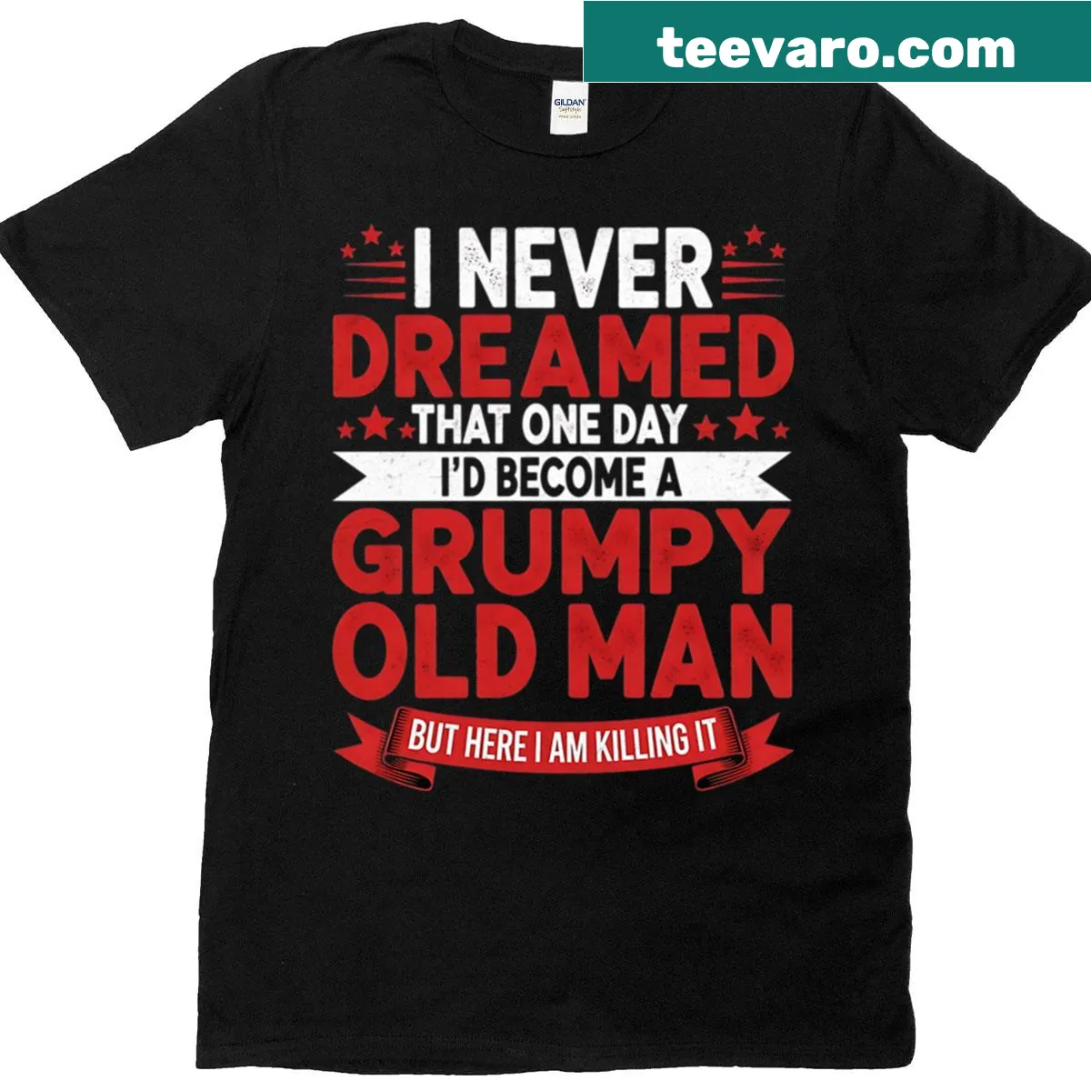 Oversized t-shirt with bold text declaring grumpy old man status — on a men's t-shirt