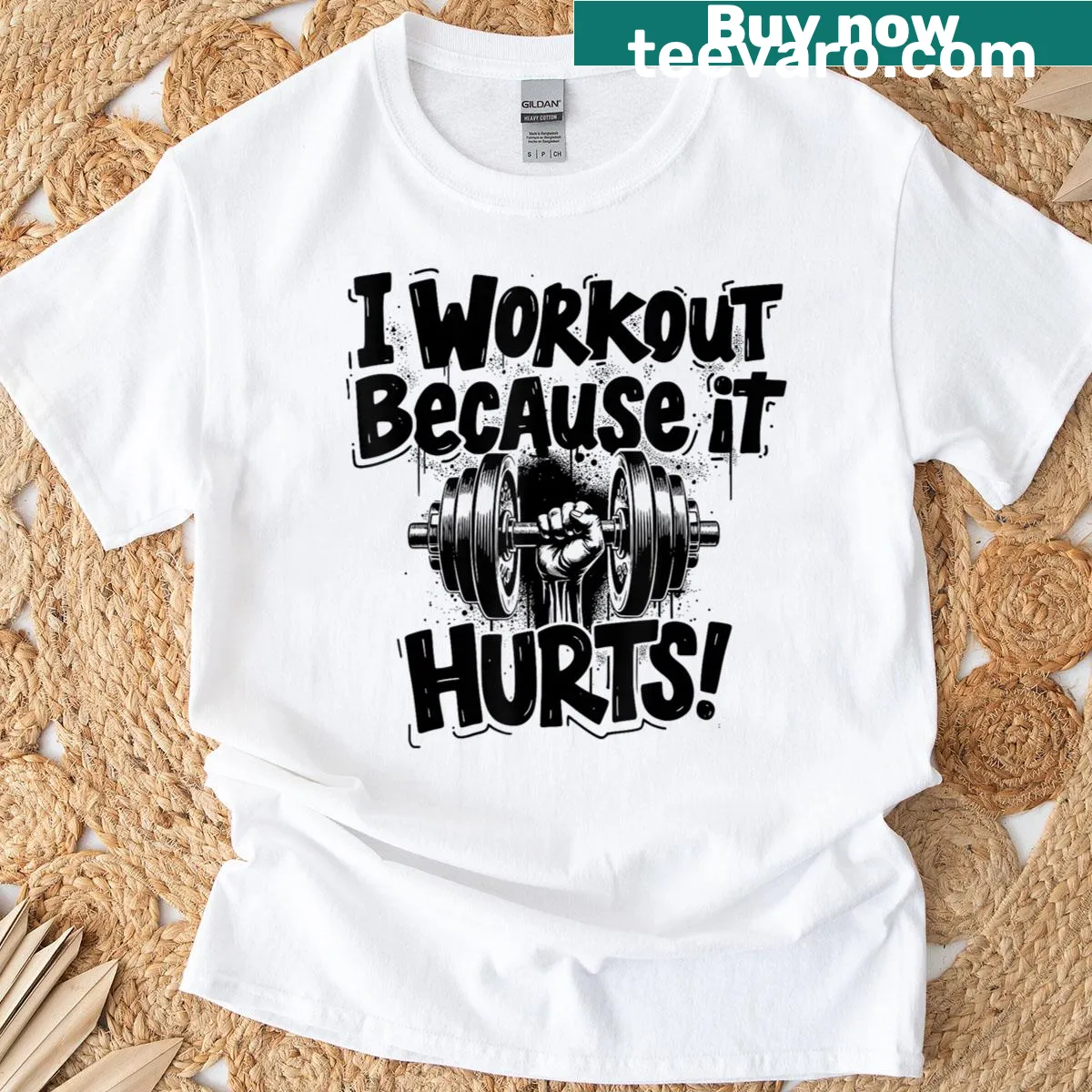 Funny gym motivation t-shirt with the phrase 'I Workout Because It Hurts' — on a men's t-shirt