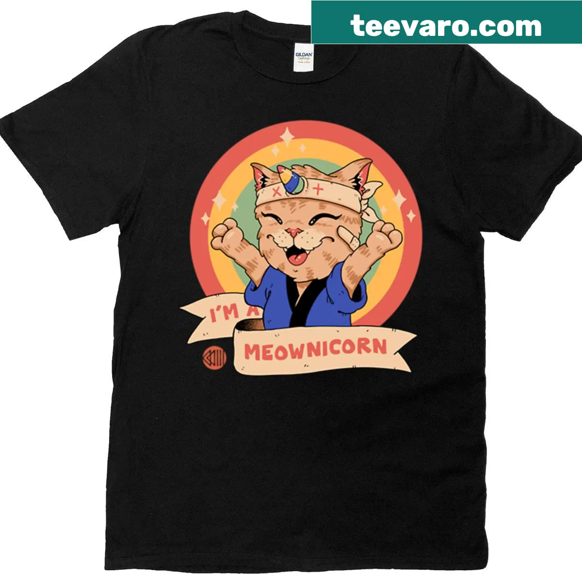 Oversized T-shirt featuring a cat unicorn in a karate pose — on a men's t-shirt