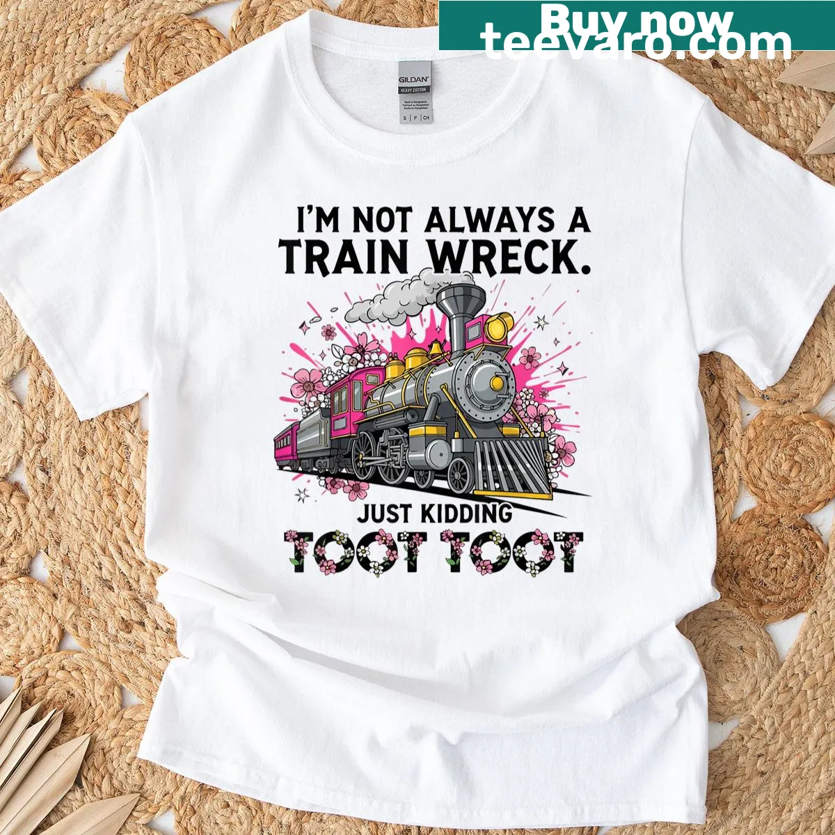 Funny t-shirt with playful train wreck saying — on a men's t-shirt