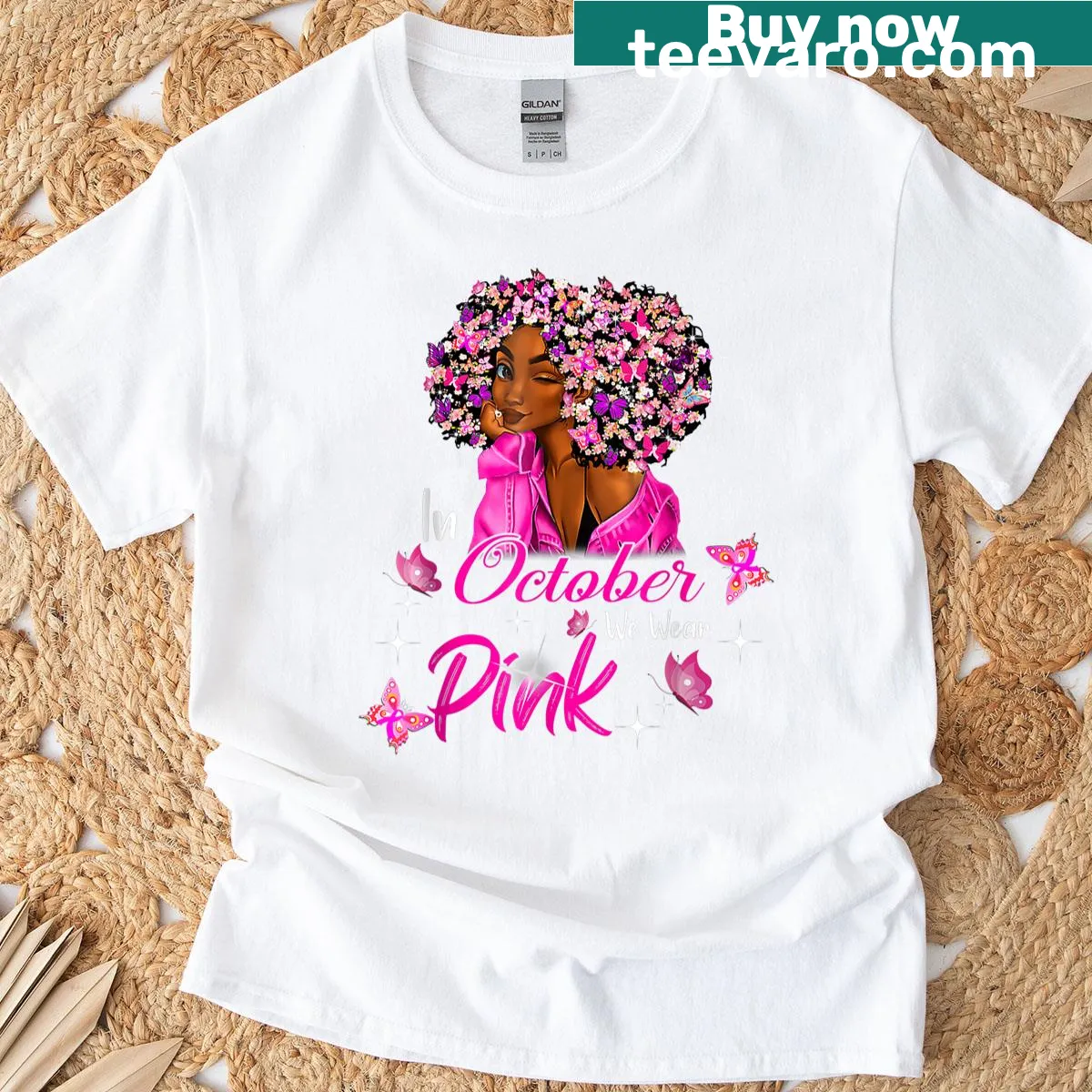 Illustration of an African American woman with a pink ribbon for breast cancer awareness — on a men's t-shirt
