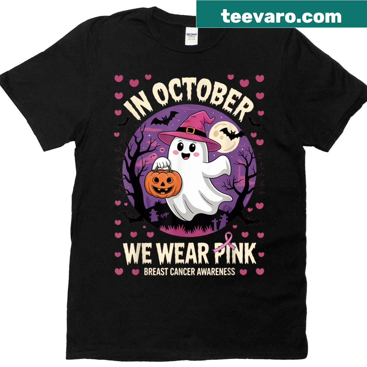 Cute pink ghost Halloween awareness T-shirt for women — on a men's t-shirt
