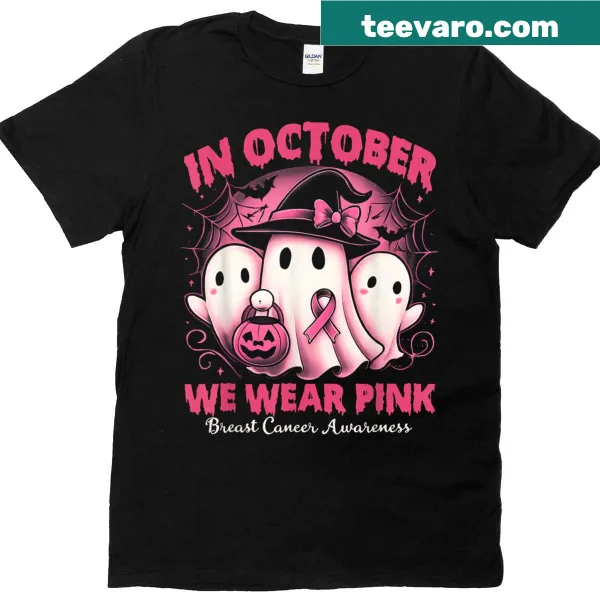 Halloween T-shirt with pink ghost and breast cancer awareness theme