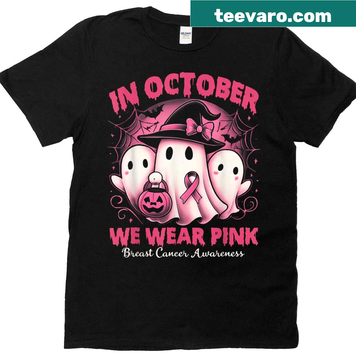 Halloween T-shirt with pink ghost and breast cancer awareness theme — on a men's t-shirt