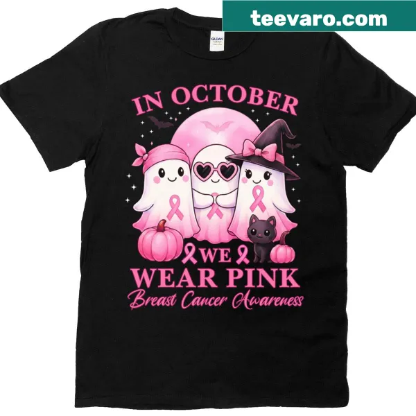Halloween t-shirt featuring playful ghosts and breast cancer awareness