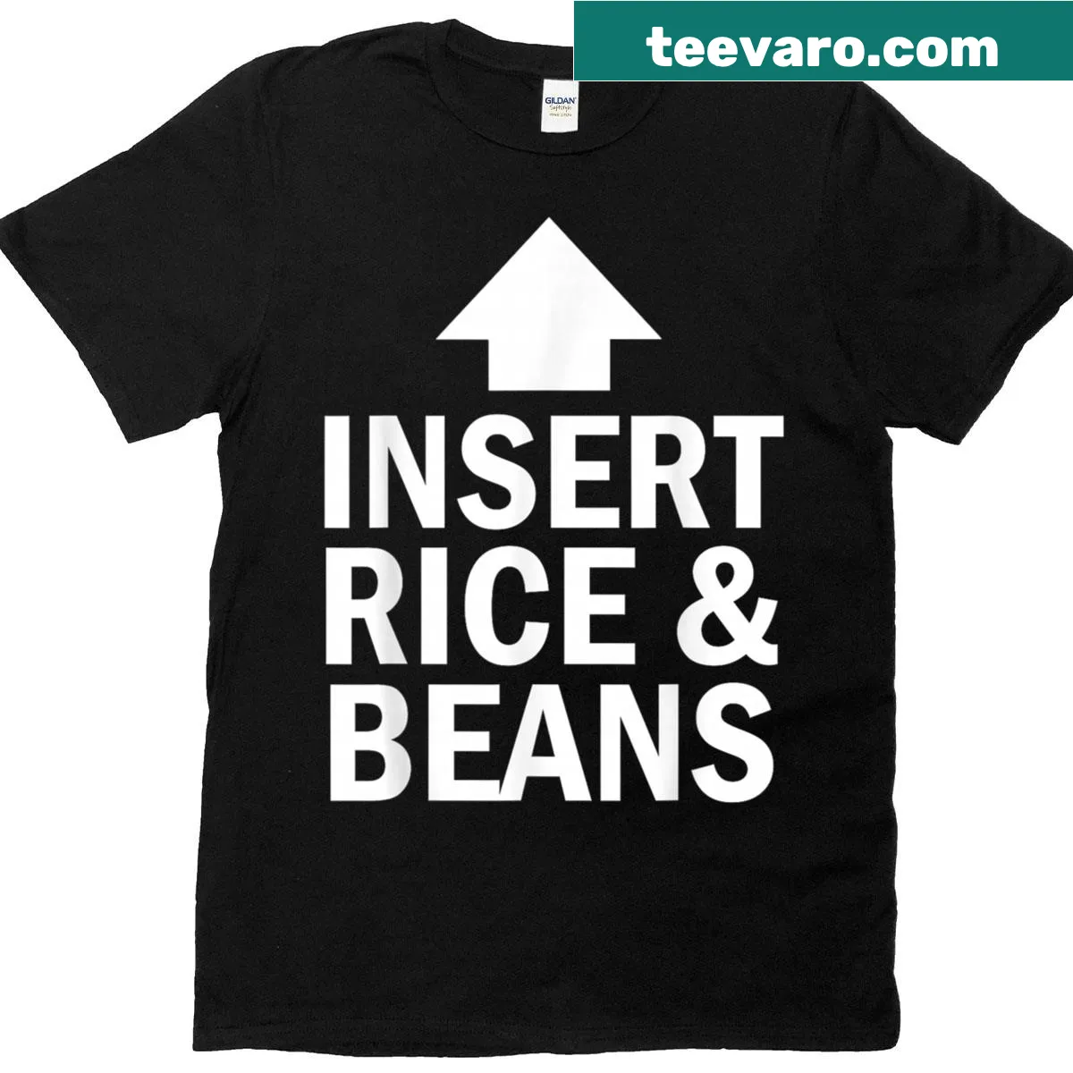 Funny Thanksgiving shirt with an arrow pointing to rice and beans — on a men's t-shirt