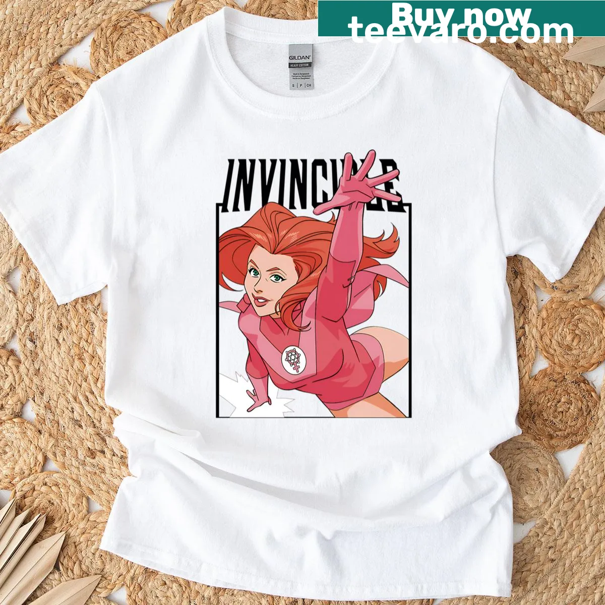 Graphic T-shirt featuring Atom Eve in a dynamic pose — on a men's t-shirt