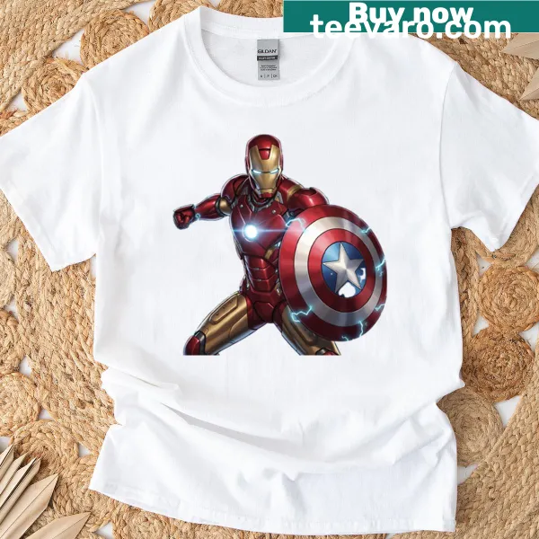 Iron Man illustration with Captain America shield on t-shirt