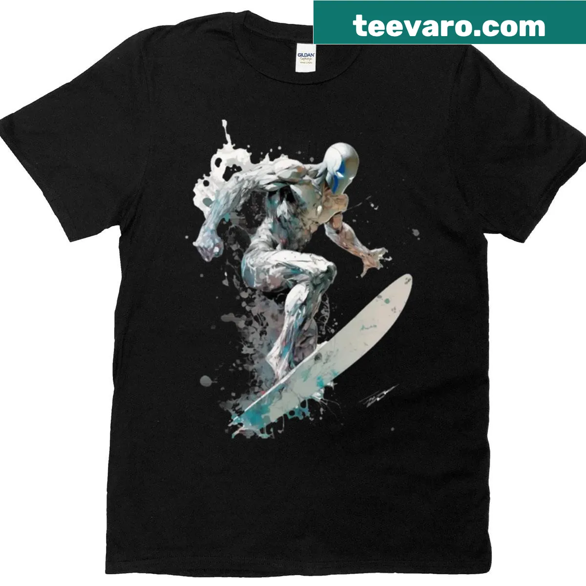 Illustration of an iron surfer riding a wave on T-shirt — on a men's t-shirt
