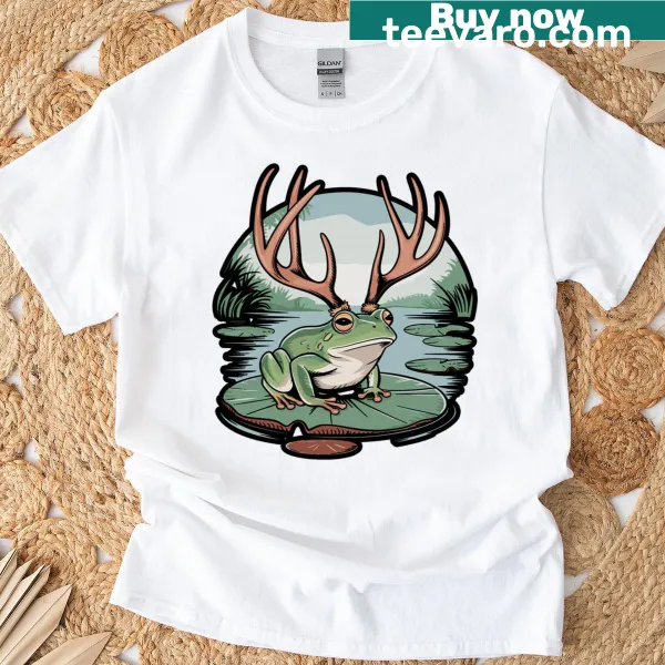 T-shirt featuring a whimsical illustration of a jackalope frog cryptid