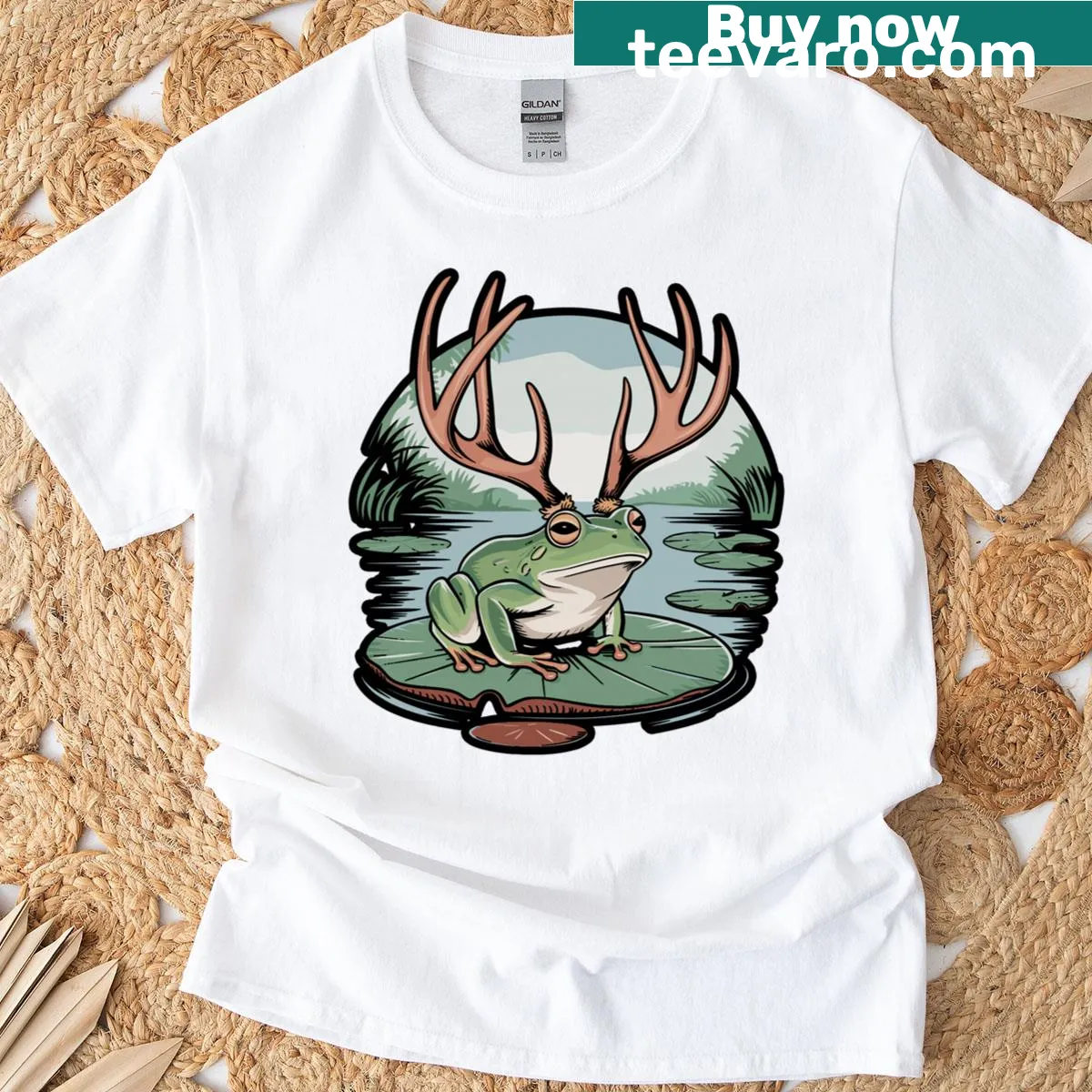T-shirt featuring a whimsical illustration of a jackalope frog cryptid — on a men's t-shirt